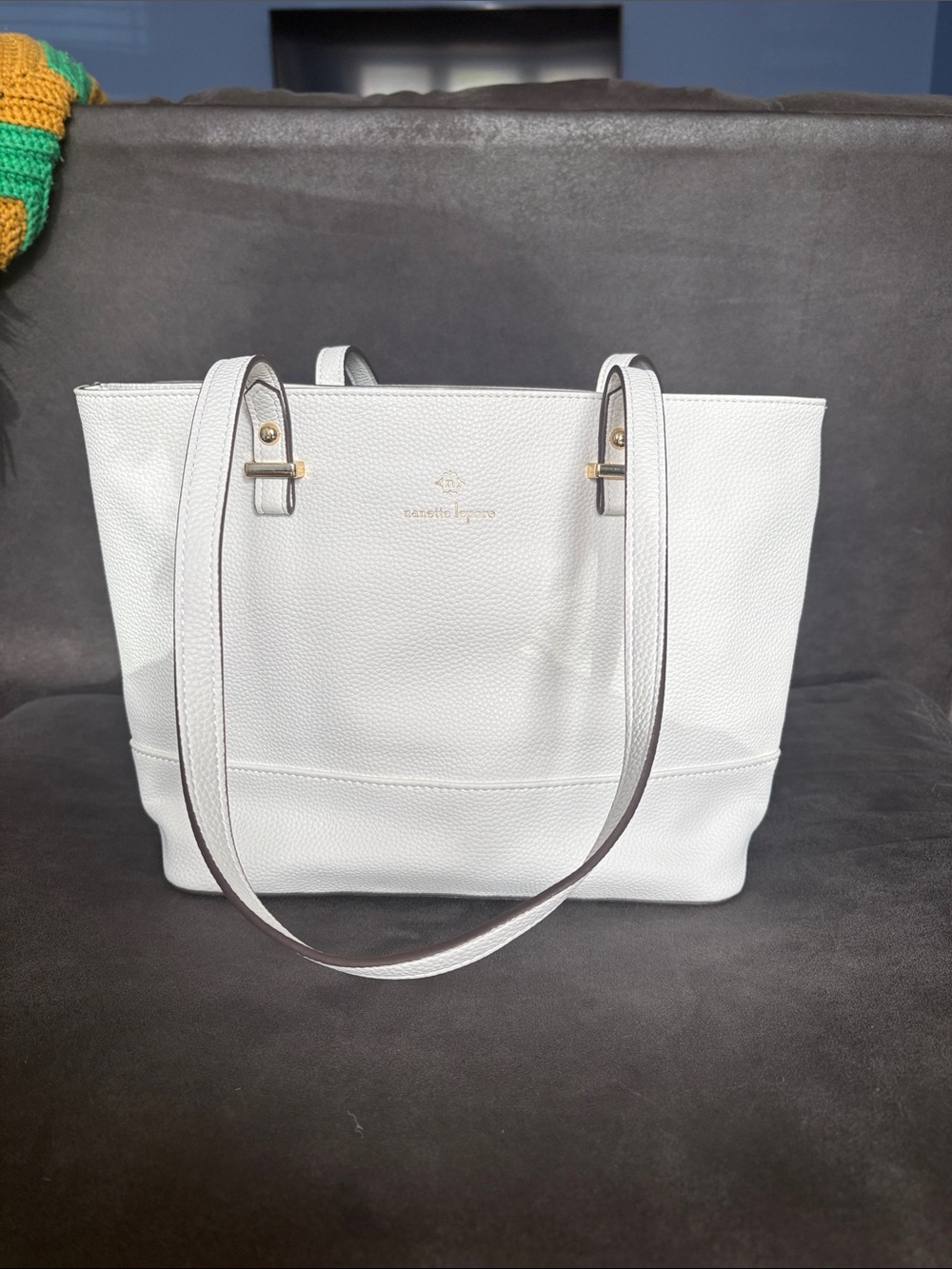 Nanette Lepore White Pebbled Leather Tote with Gold Hardware